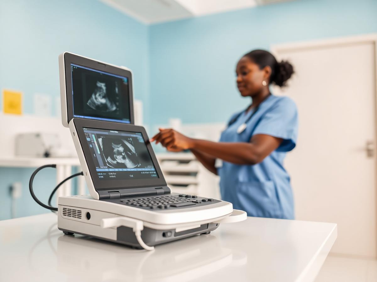 A Nigerian clinician using a portable ultrasound device