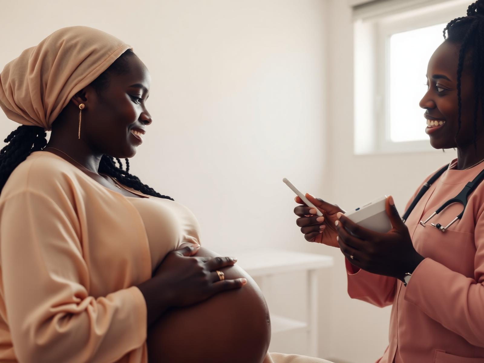 A pregnant African woman receiving antenatal care from a warm, professional midwife